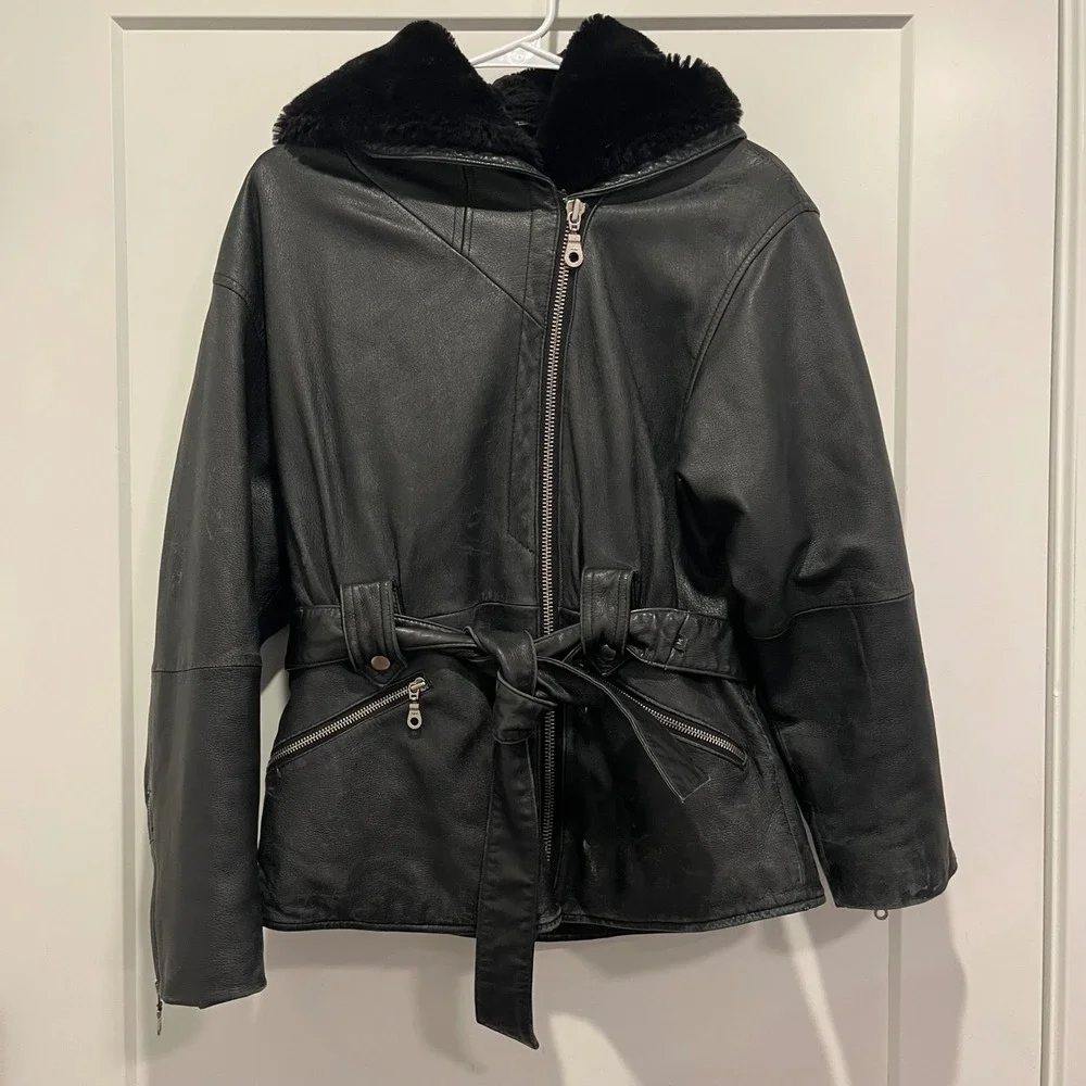 Wilsons Leather Experts Black Leather Thinsulate Hooded Belted Jacket Mens M